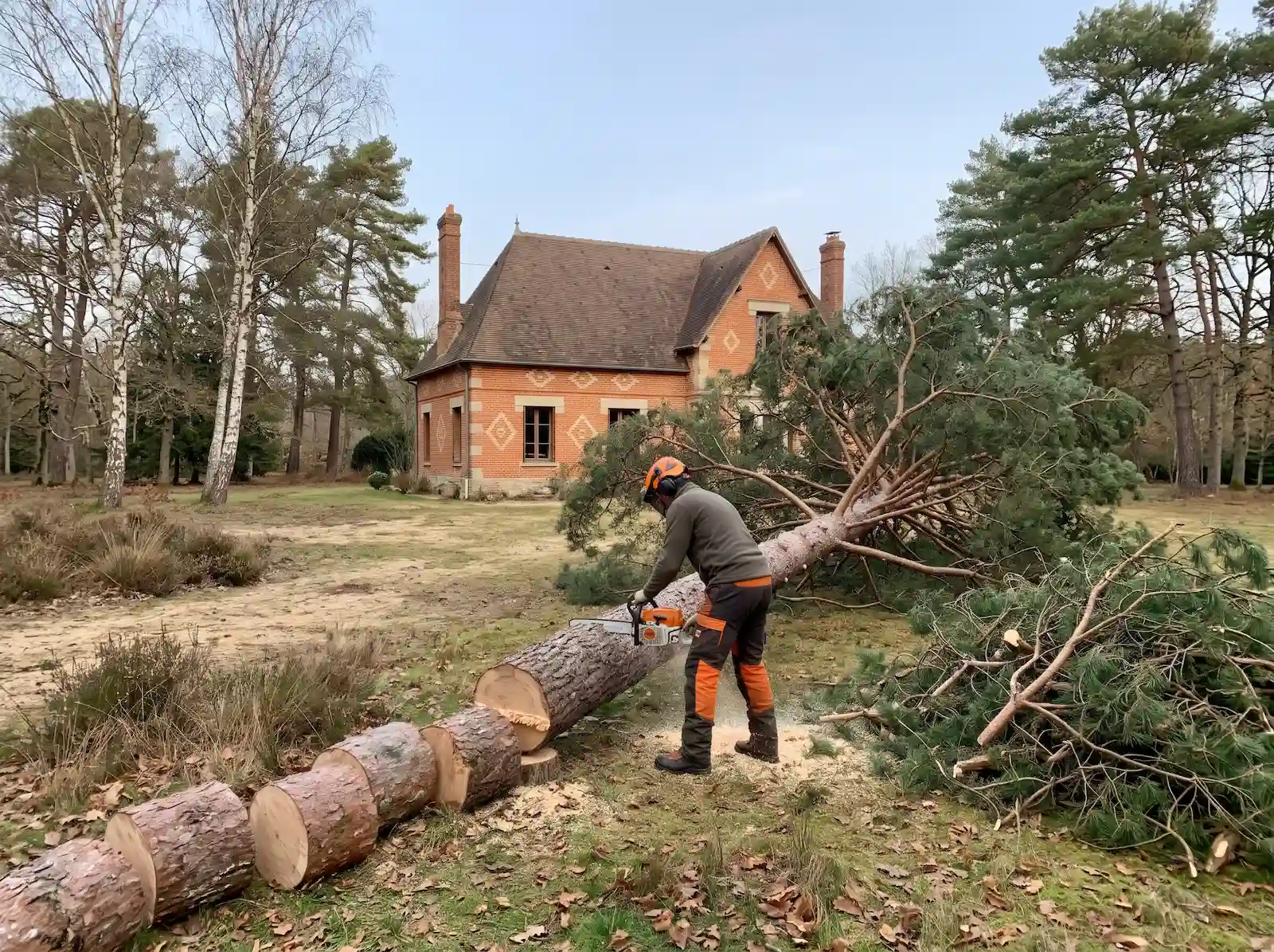 Artisan qui débite à la tronçonneuse un pin abattu, devant une maison en brique de Sologne