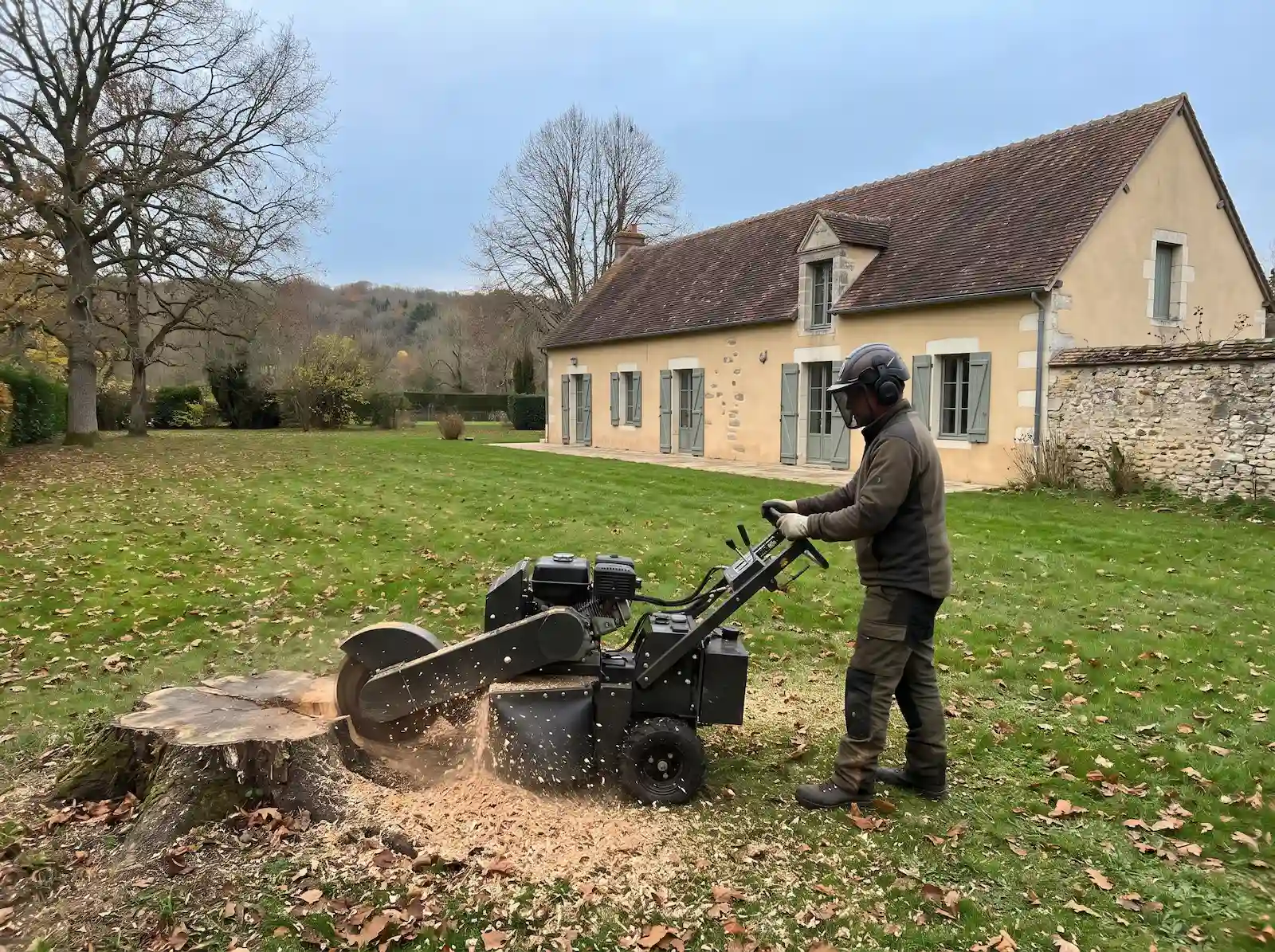 Rogneuse qui broie une grosse souche dans une pelouse, devant une longère aux volets gris