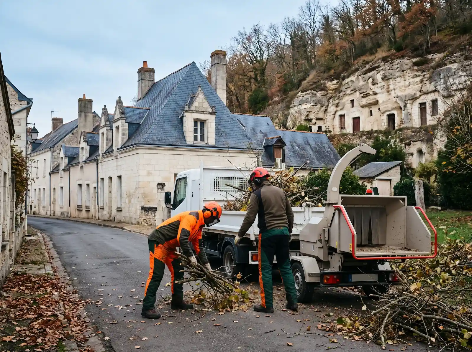 Deux élagueurs chargent des branches dans le broyeur, près de leur camion, dans une rue de maisons en tuffeau