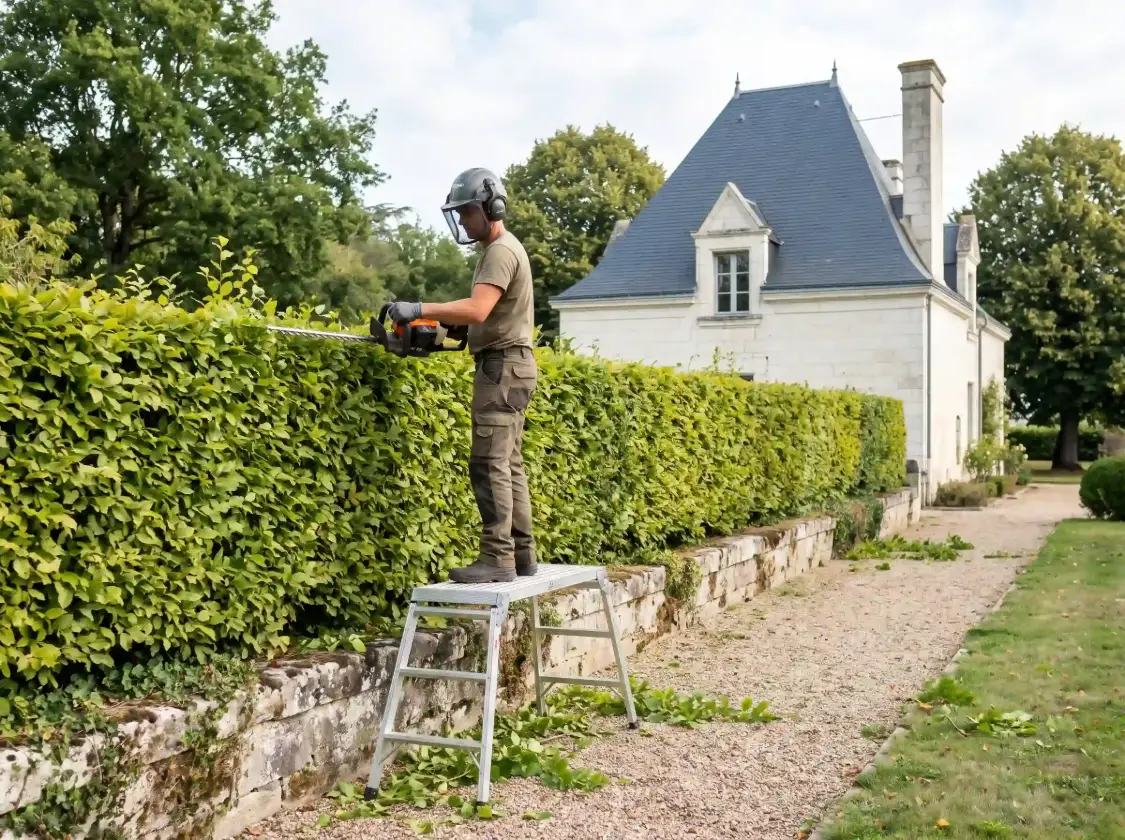 Taille d’une haie de charmes au taille-haie, depuis une petite plateforme, devant une maison en tuffeau
